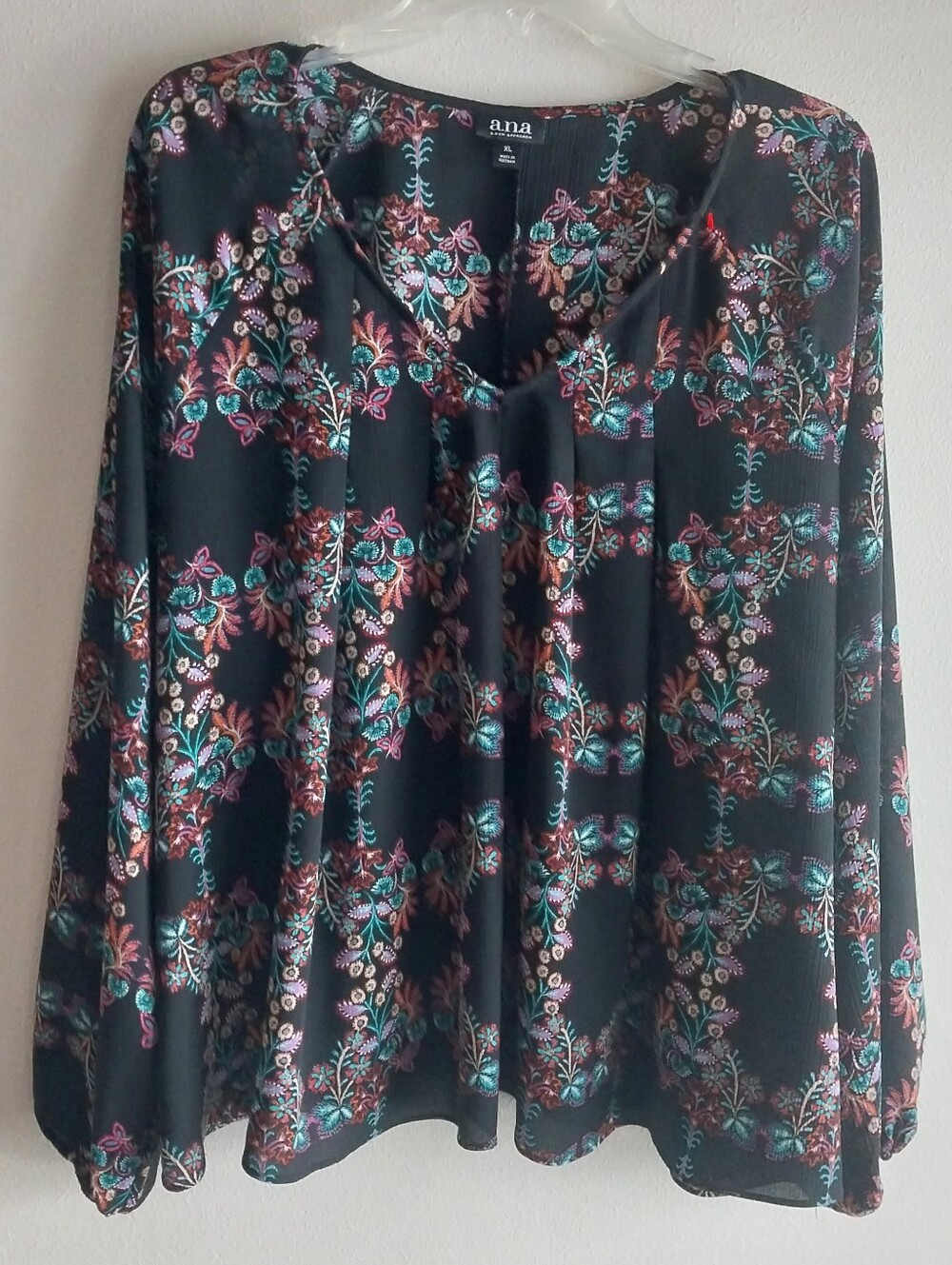 A.N.A Botanical Damask Dark Floral Long Peasant Sleeve V-Neck Boho Popover Top